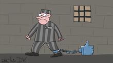 A caricature by Sergey Elkin showing a prisoners chained to a facebook like-button