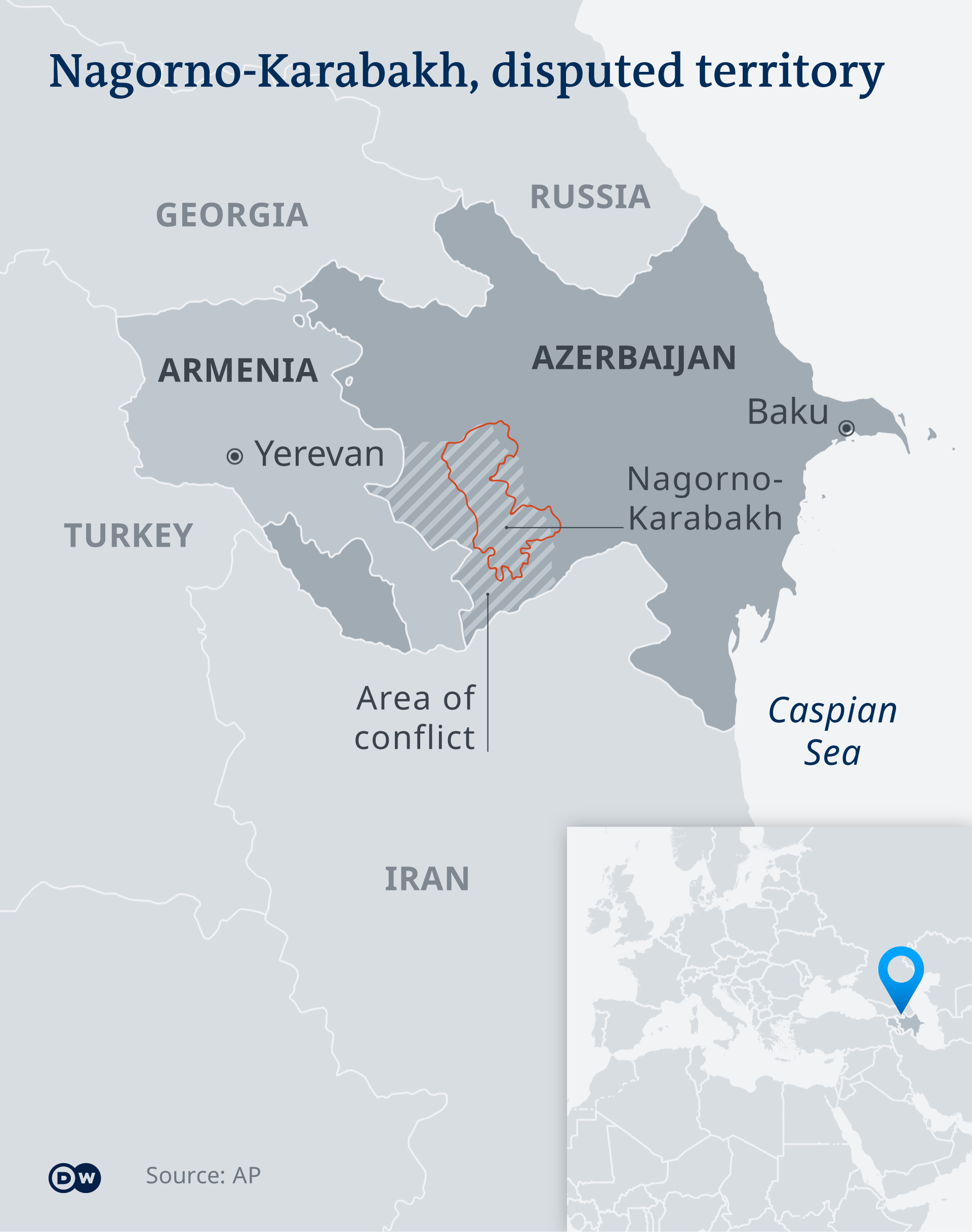 A map shows the area of conflict around Nagorno-Karabakh