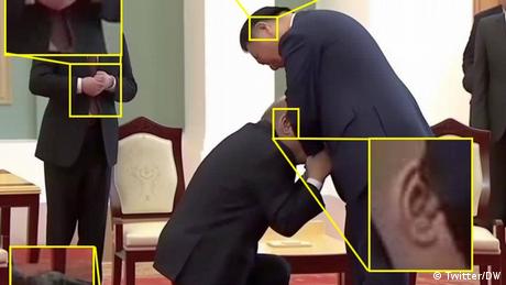 the AI-image of Putin kneeling before Xi with some of the most conspicuous errors enlarged