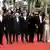 From left to right: Melvil Poupaud, Pascal Greggory, Benjamin Lavernhe, Pierre Richard, Johnny Depp, Maiwenn, Diego Le Fur and Pauline Pollman on the red carpet at the 76th annual Cannes Film Festival at Palais des Festivals on May 16, 2023 in Cannes, France.